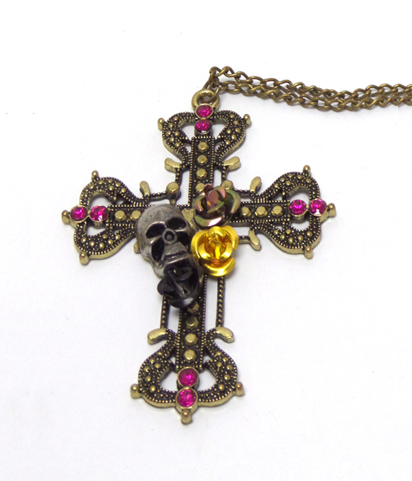 Crystal skull flower deco cross pendant necklace