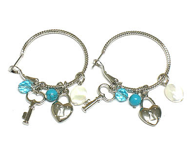 Key and lock multi charm dangling hoop earring - hoops