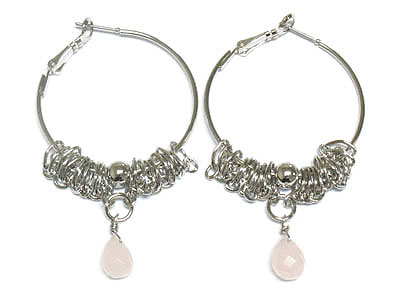 Multi ring and natural stone ball drop hoop earring - hoops