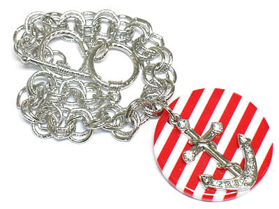 Crystal anchor and disk with red stripe toggle bracelet