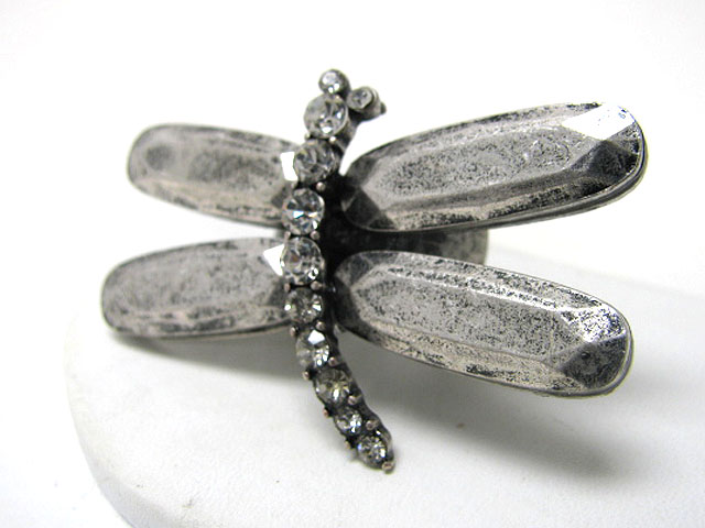 Crystal stud metal dragonfly stretch ring