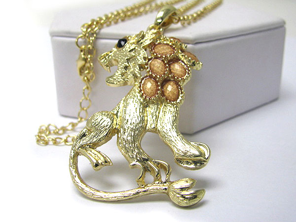 Crystal deco large lion pendant long necklace