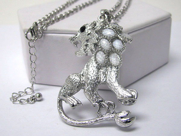 Crystal deco large lion pendant long necklace