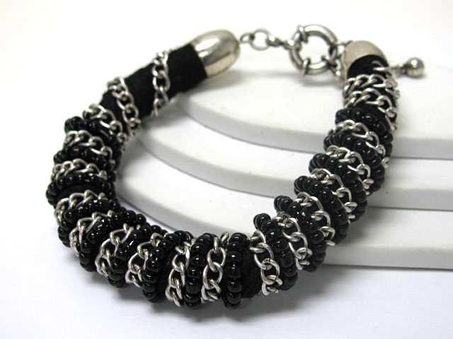 Beads and metal chain wrapped metal bracelet