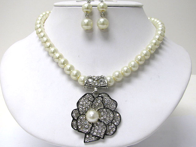 Crystal flower pendant pearl ball necklace earring set