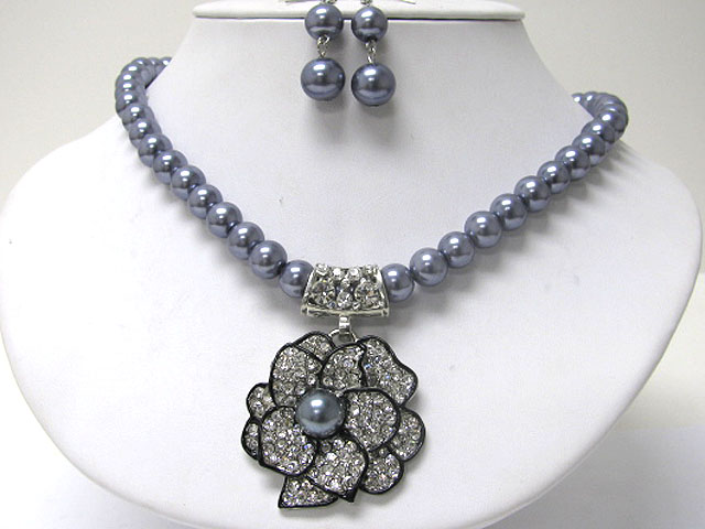 Crystal flower pendant pearl ball necklace earring set