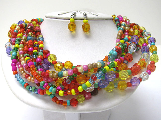 Multi strand mixed beads necklace earrig set