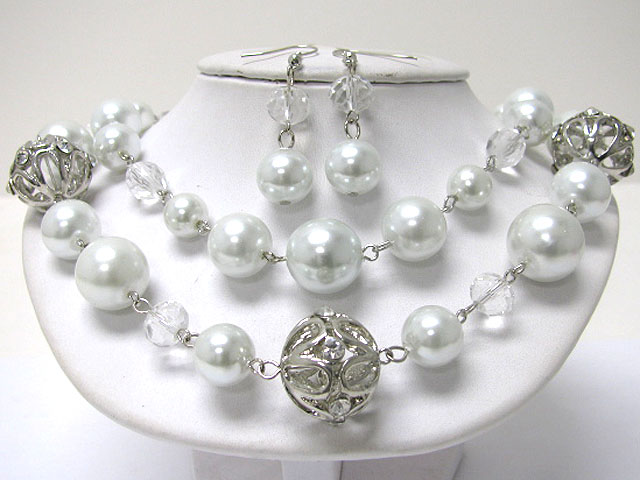 Double strand pearl and metal ball mixed necklace earring set