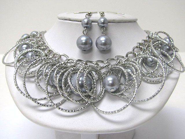 Pearl ball and metal hoop dangle necklace earring set - hoops