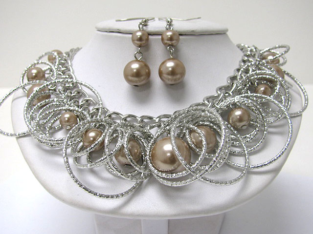 Pearl ball and metal hoop dangle necklace earring set - hoops