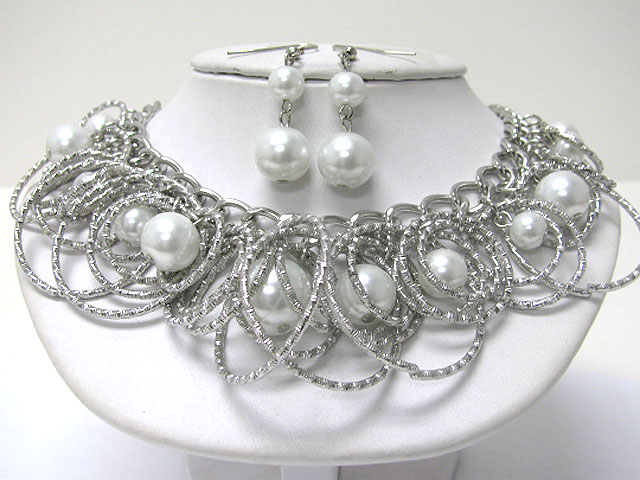 Pearl ball and metal hoop dangle necklace earring set - hoops