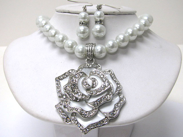 Large crystal flower pendant pearl ball necklace earring set