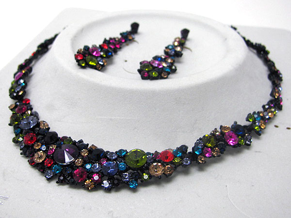 Luxurious austrian crystal line - multi crystal stud around neck party necklace earring set