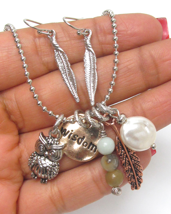 Owl feather wisdom multi charm necklace set 