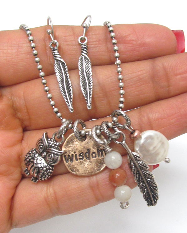 Owl feather wisdom multi charm necklace set