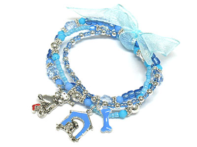 Triple seed bead strands with puppy charms and ribbon kids bracelet 