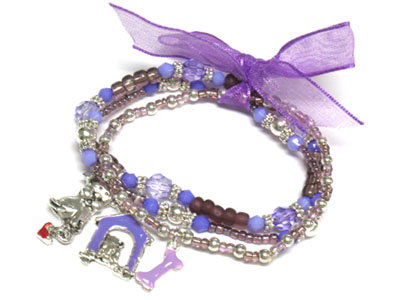 Triple seed bead strands with puppy charms and ribbon kids bracelet 