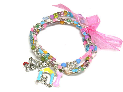 Triple seed bead strands with puppy charms and ribbon kids bracelet 