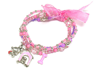 Triple seed bead strands with puppy charms and ribbon kids bracelet 