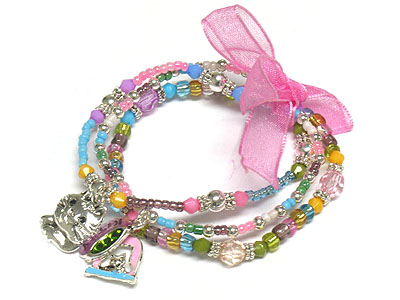 Triple seed bead strands with kitty charms and ribbon kids bracelet 