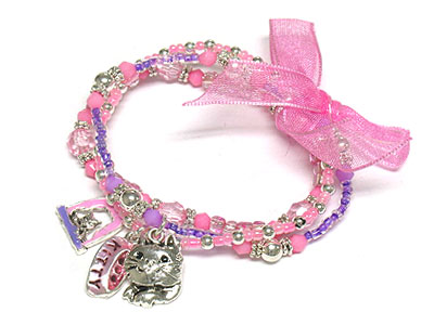 Triple seed bead strands with kitty charms and ribbon kids bracelet 