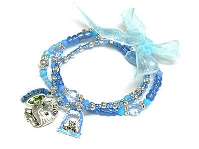 Triple seed bead strands with kitty charms and ribbon kids bracelet 