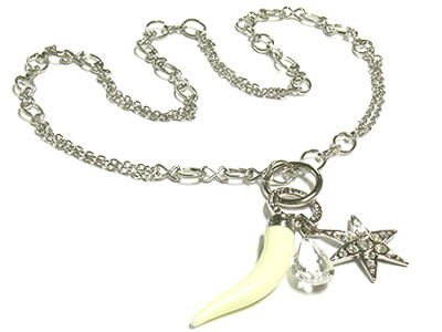 Horn and crystal star and acryl bead charms chain necklace 