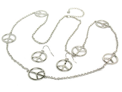 Metal peace link long necklace and earring set