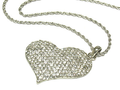 Large crystal paved heart pendant mesh chain necklace