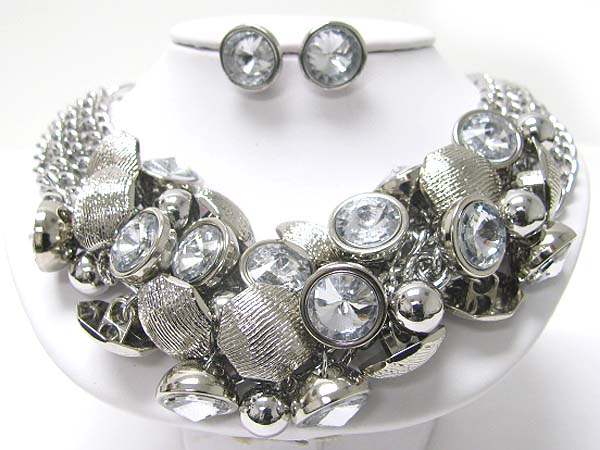 Crystal and chunky metal ball cluster necklace earring set