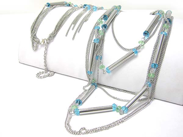 Metal bar and glass beads link long necklace earring set