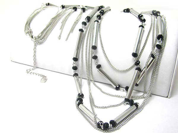 Metal bar and glass beads link long necklace earring set