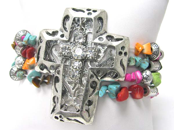 Crystal deco cross and natural chip stone stretch bracelet