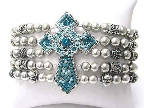 Crystal and seed beads deco cross and metal casting beads stretch bracelet