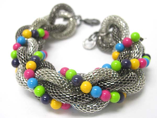 Metal tube chain and mixed beads braided link bracelet 