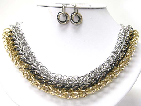 Multi row tri tone metal chain link necklace set