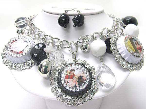 Bottle cap art charm dangle necklace set