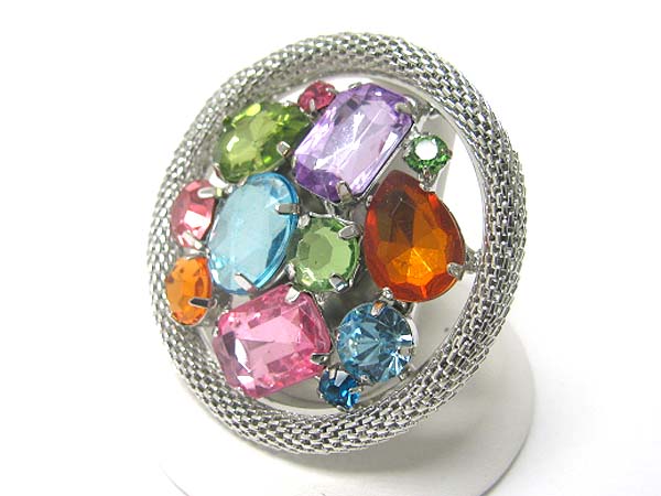 Crystal and facet glass deco round tube chain adjustable ring