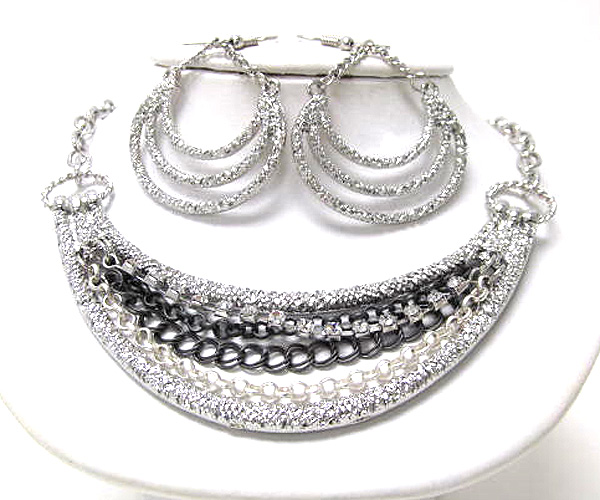 Metal half oval hammerd fashion crystal multi drop chain necklace earring set