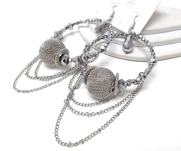 Multi crystal glass and multi chain basketball wives metal mesh ball inspired hoop earring - hoops