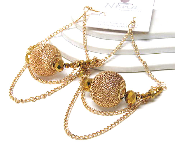 Multi crystal glass and multi chain basketball wives metal mesh ball inspired half hoop earring - hoops