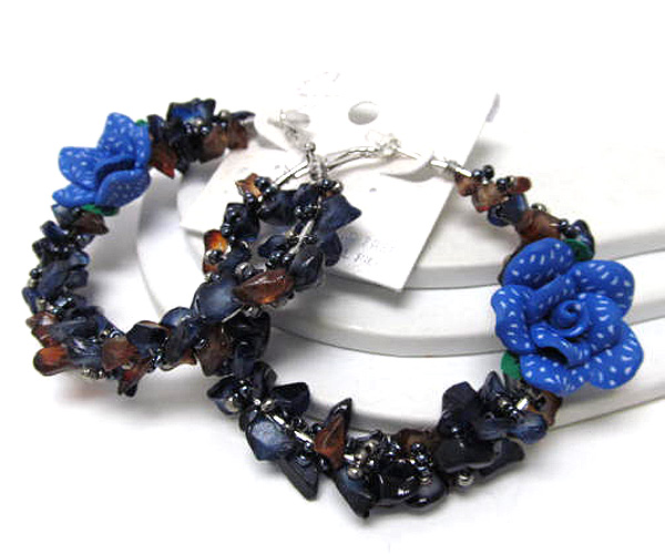 Multi seed beads and chip stone acryl flower  hoop earring - hoops