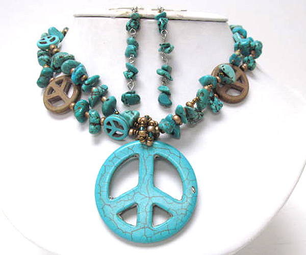 Round turquoise stone peace mark pendant and multi mixed natural stone necklace earring set