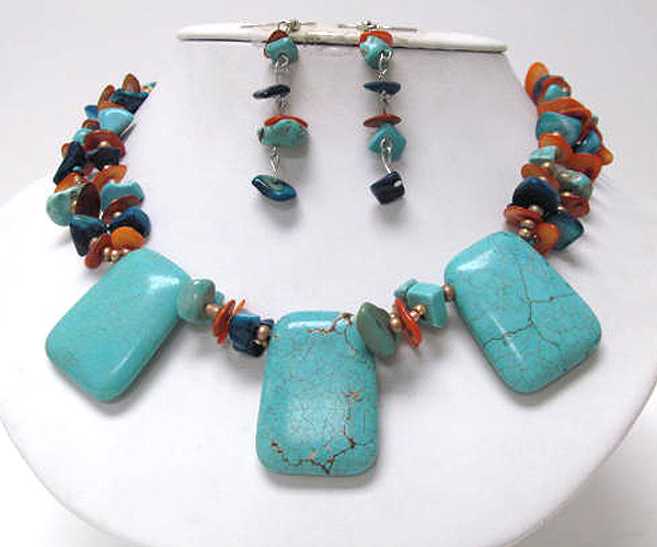 Multi chip stone and seed beads drop three square turquoise stone necklace earring set