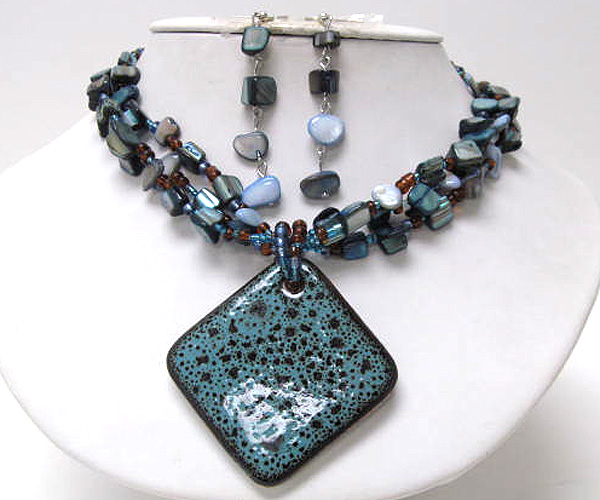 Multi seed beads and chip stone drop ceramic diamond chain necklace earring set