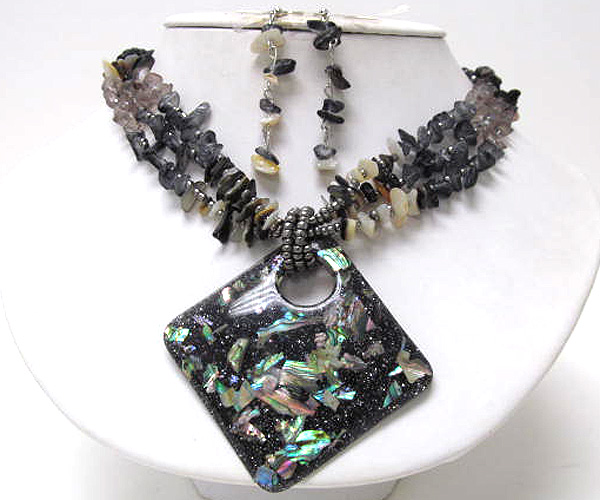 Multi seed beads and chip stone drop large murano glass diamond chain necklace earring set