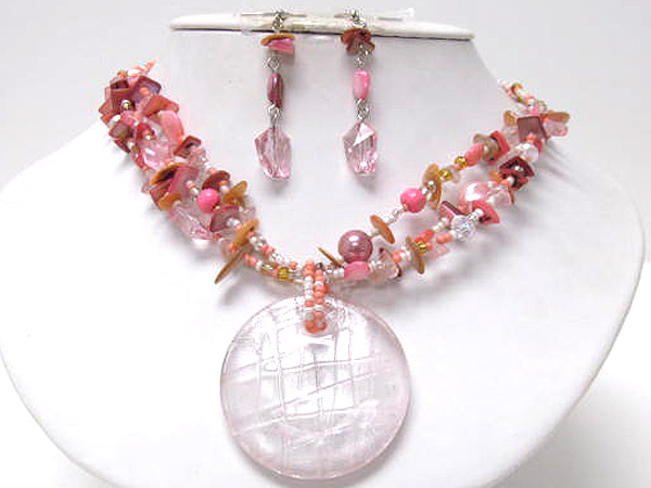 Multi seed bead and chip stone drop round murano glass necklace earring set