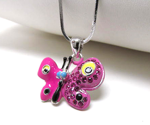 Made in korea whitegold plating crystal and epoxy butterfly pendant necklace