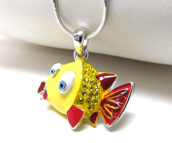 Made in korea whitegold plating crystal and epoxy fish pendant necklace