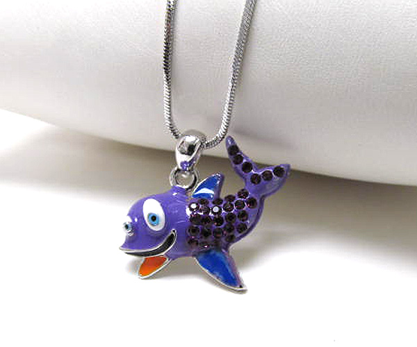 Made in korea whitegold plating crystal and epoxy fish pendant necklace